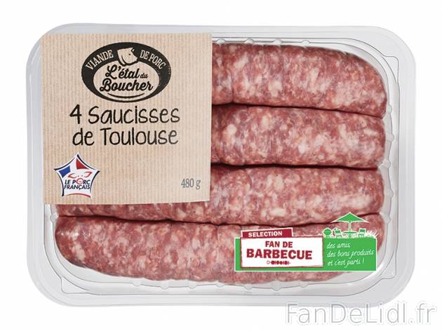 4 saucisses de Toulouse , prezzo 2.19 € per 480 g, 1 kg = 4,56 € EUR. 
- En ...