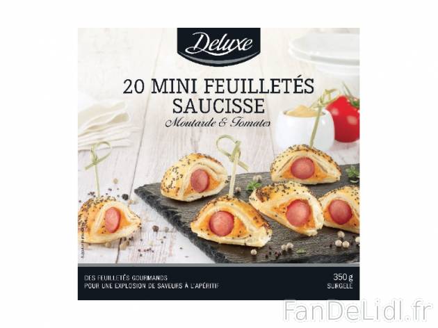 20 mini feuilletés saucisse , prezzo 2.99 € per 350 g, 1 kg = 8,54 € EUR.
