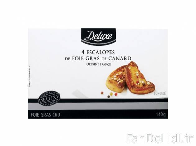 4 escalopes de foie gras de canard , prezzo 5.99 € per 140 g, 1 kg = 42,79 € EUR.