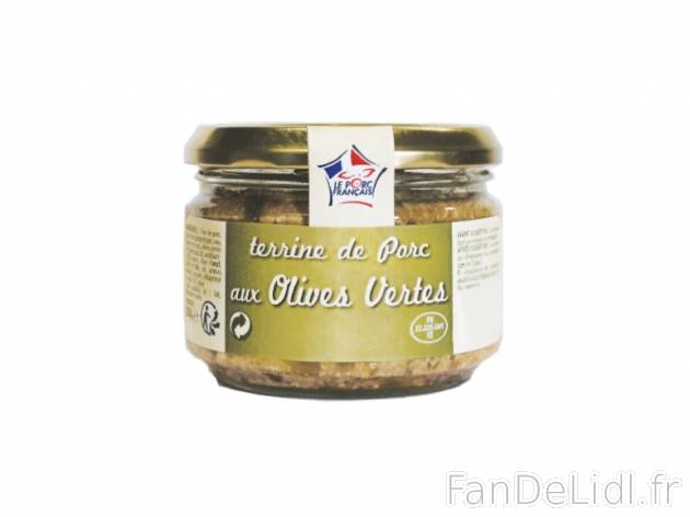 Terrine de porc aux olives vertes , prezzo 0.79 € per 180 g, 1 kg = 4,39 € EUR.