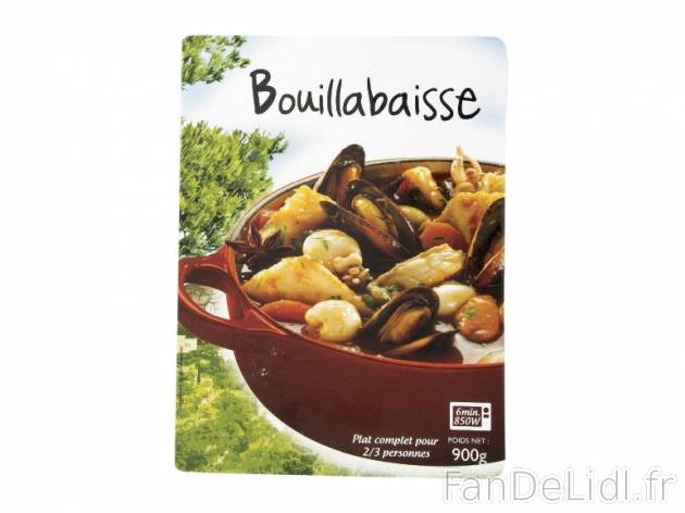 Bouillabaisse , prezzo 4.89 € per 900 g, 1 kg = 5,43 € EUR.  
-      Micro-ondable !