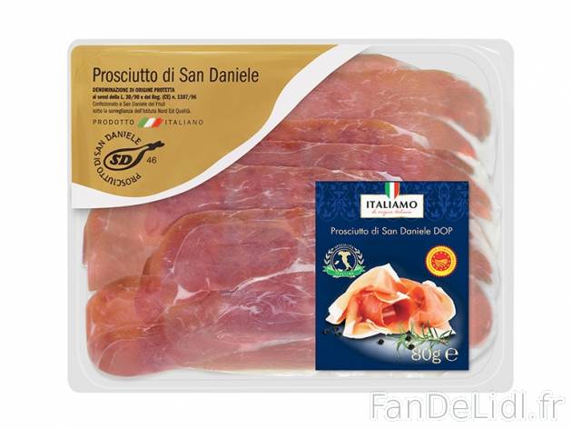 Prosciutto di San Daniele DOP , prezzo 2.69 € per 80 g, 1 kg = 33,63€ EUR.