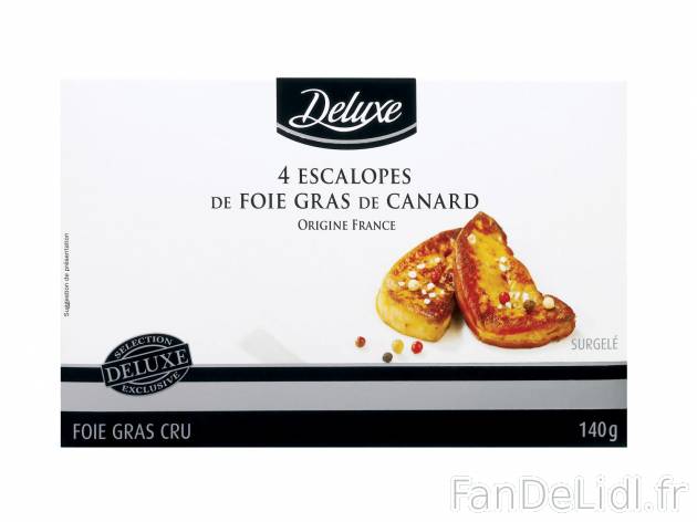 4 escalopes de foie gras de canard1 , prezzo 5.99 € per 140 g 
    