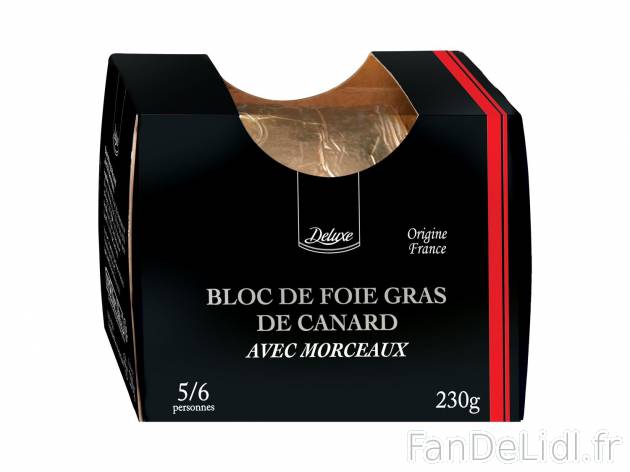 Bloc de foie gras de canard1 , prezzo 6.99 € per 230 g 
-  30 % de morceaux