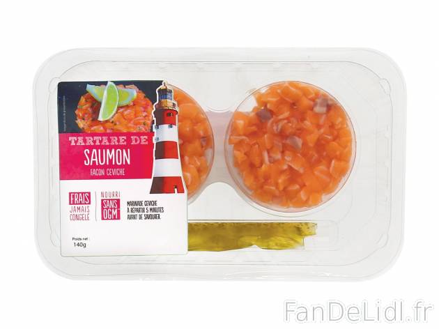 Tartares de saumon1 , prezzo 3.19 € per La barquette de 140 g 
- Sans OGM
- ...
