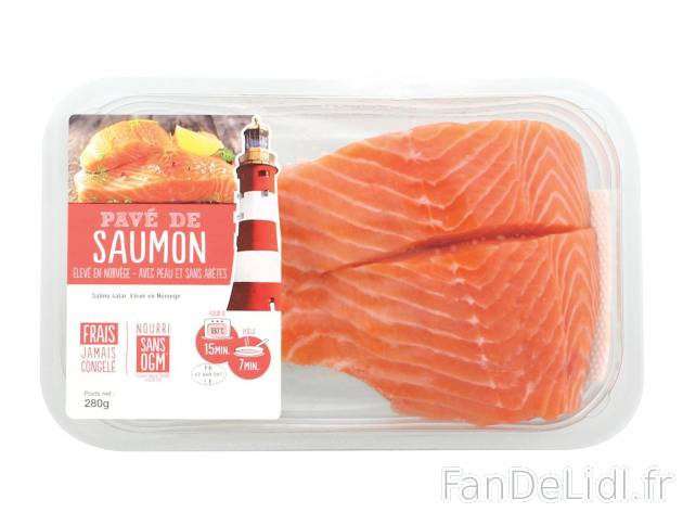 Pavé de saumon1 , prezzo 4.99 € per 280 g 
-  Avec peau et sans arêtes