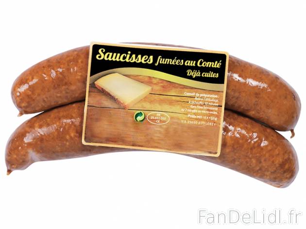 Saucisses fumées au Comté AOP , prezzo 2,69 € per 2 x 150 g, 1 kg = 8,97 € ...