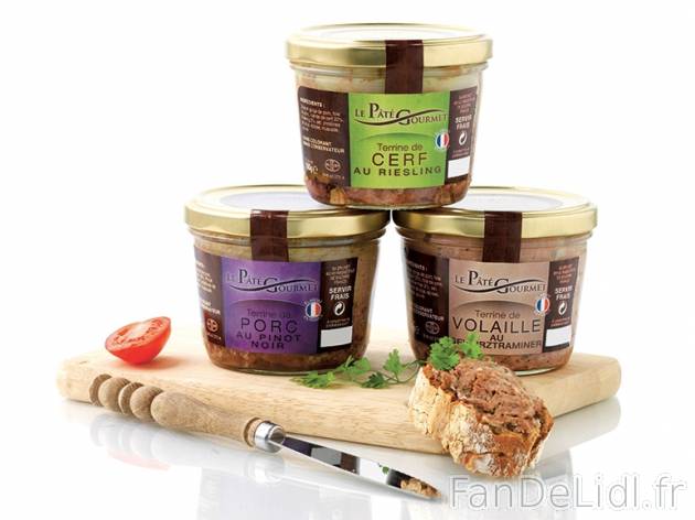 Assortiment de terrines , prezzo 2,49 € per 3 x 180 g, 1 kg = 4,61 € EUR. 
- ...