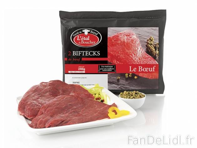 Bifteck , prezzo 3,25 € per 240 g, 1 kg = 13,54 € EUR.