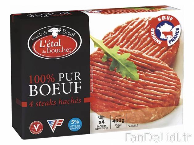 Steak haché pur bœuf , prezzo 3,49 € per 4 x 100 g, 1 kg = 8,73 € EUR. 
- ...