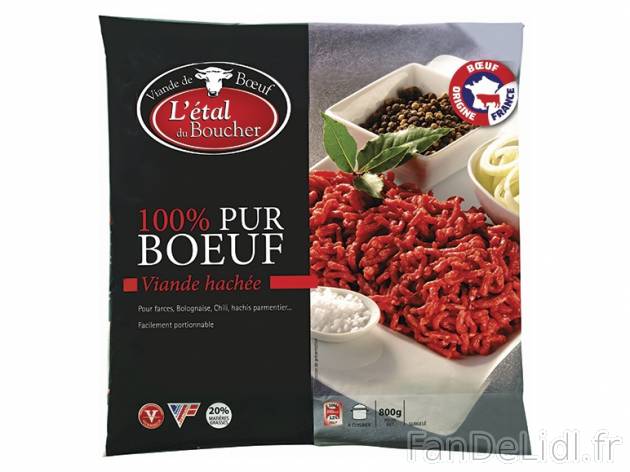 Viande hachée pur bœuf1 , prezzo 4,99 € per 800 g, 1 kg = 6,24 € EUR. 
- ...