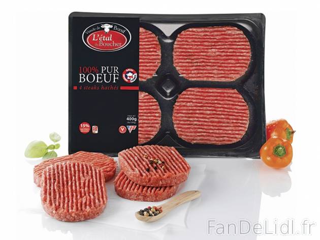 4 steaks hachés pur bœuf1 , prezzo 2,39 &#8364; per 400 g, 1 kg = 5,98 € ...