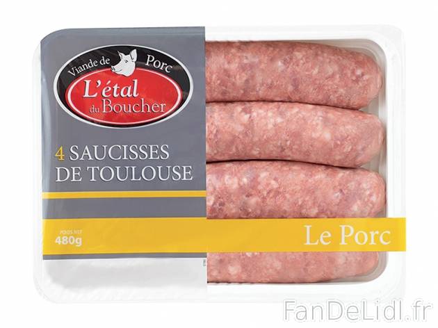 4 saucisses de Toulouse , prezzo 2,99 € per 480 g, 1 kg = 6,23 € EUR. 
- Toute ...