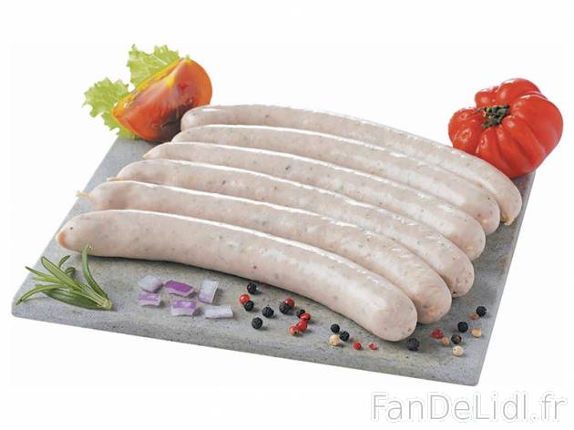 6 saucisses blanches à griller , prezzo 2,65 &#8364; per 350 g, 1 kg = 7,57 ...