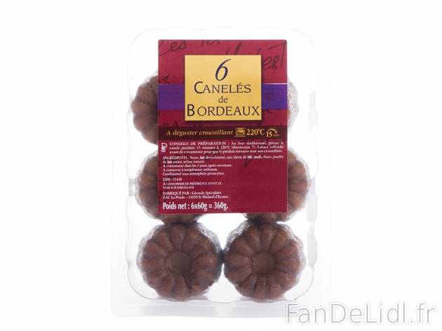 6 canelés de Bordeaux , prezzo 2,49 &#8364; per 6 x 60 g, 1 kg = 6,92 € EUR. ...