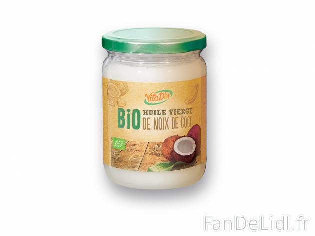 Huile vierge de noix de coco Bio , le prix 4.49 € 
- Les 2 bocaux : 8,98 € ...