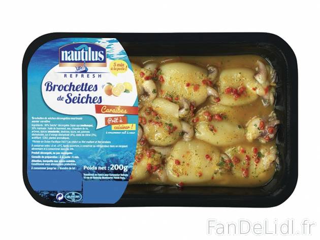 3 brochettes de seiches marinées caraïbes , prezzo 2,00 € per 200 g, 1 kg = ...