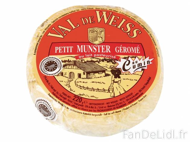 Petit Munster géromé au cumin AOP , prezzo 2,00 € per 220 g, 1 kg = 9,95 € EUR.