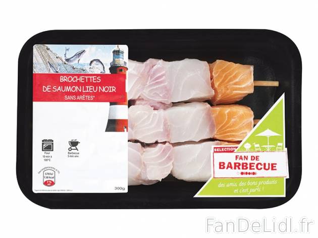 3 brochette de saumon-lieu noir , prezzo 3,00 € per 300 g, 1 kg = 13,30 € EUR. ...