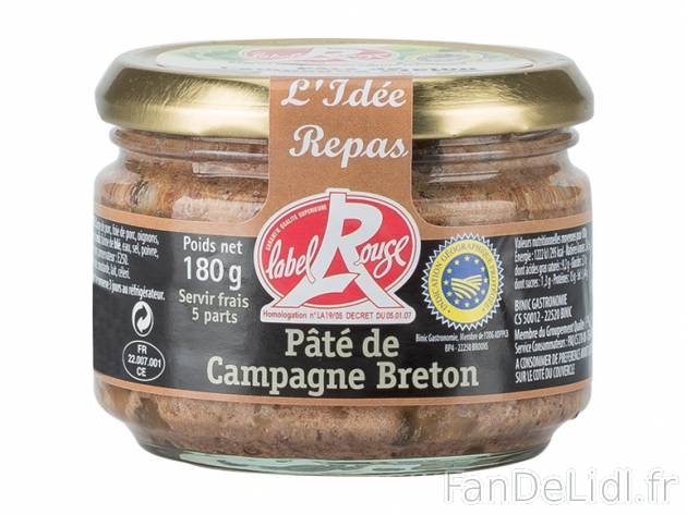 Pâté de campagne breton Label Rouge IGP , prezzo 1,19 € per 180 g, 1 kg = 6,61 ...