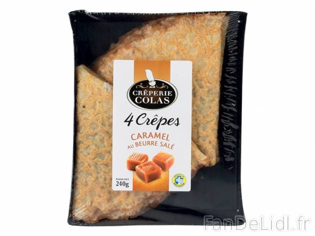 4 crêpes fourrées au caramel beurre salé , prezzo 2,29 € per 240 g, 1 kg = ...