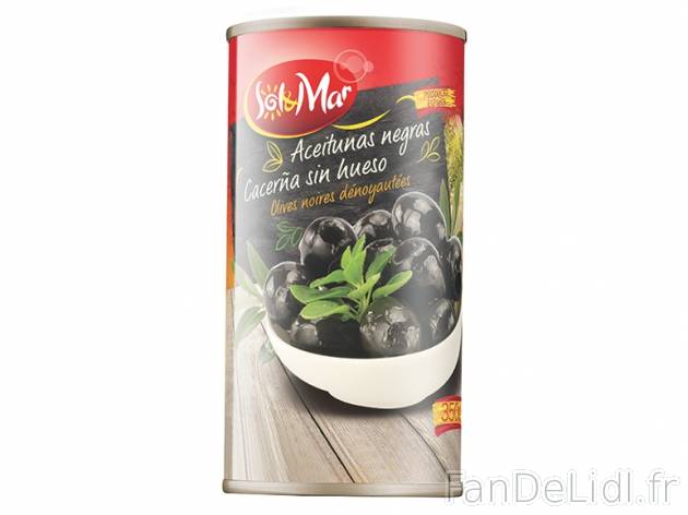 Olives noires dénoyautées , prezzo 0,79 € per 150 g (PNE), 1 kg = 5,27 € EUR.