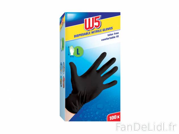 100 gants jetables en latex , le prix 4.99 €  
-  Tailles au choix : S, M ou L
