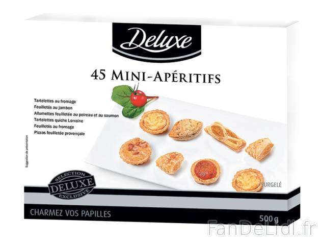 45 mini apéritifs , prezzo 3.49 € per 500 g, 1 kg = 6,98 € EUR.