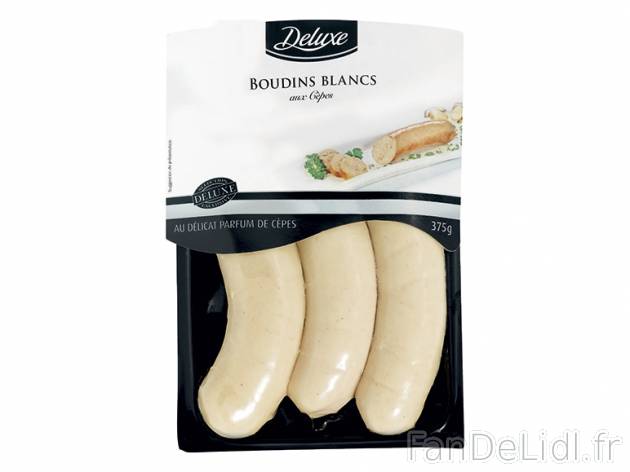 3 boudins blancs aux cèpes , prezzo 2.39 € per 375 g, 1 kg = 6,37 € EUR.