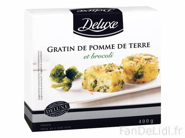 4 gratins de pommes de terre et brocoli , prezzo 2.49 € per 400 g, 1 kg = 6,23 € EUR.