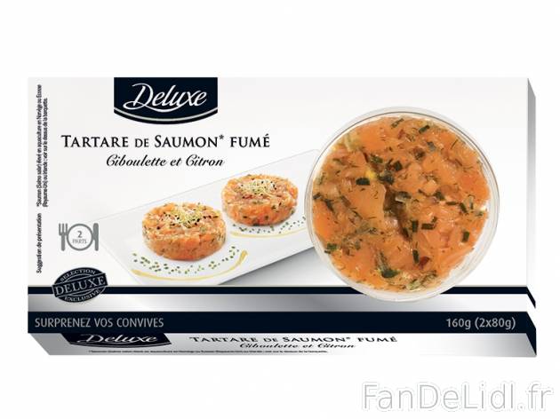 2 tartares de saumon fumé ciboulette et citron , prezzo 3.69 € per 160 g, 1 kg ...