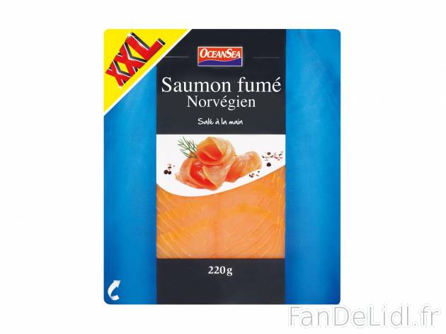 Saumon fumé , prezzo 3.69 € per 220 g 
- 200 g + 20 g GRATUITS soit 220 g (1 ...