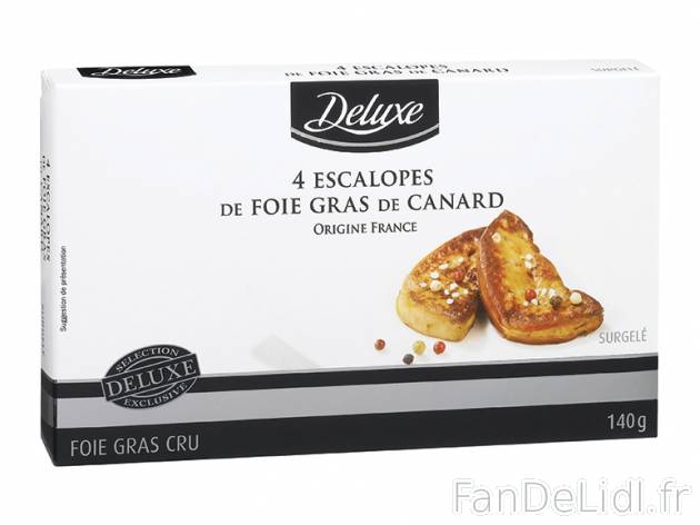 4 escalopes de foie gras de canard , prezzo 5.69 € per 140 g, 1 kg = 40,64 € EUR.