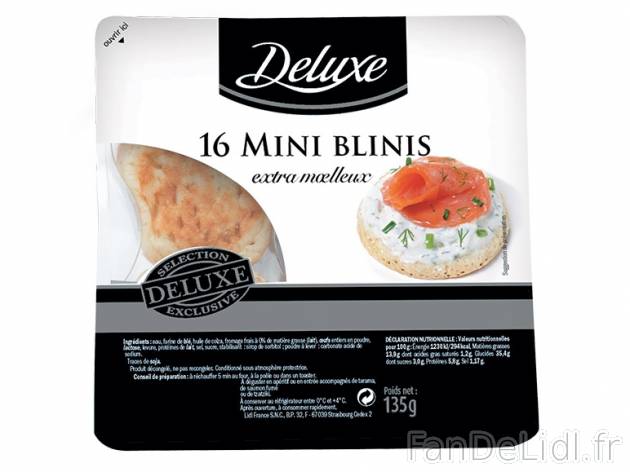 16 mini blinis , prezzo 0.79 € per 135 g, 1 kg = 5,85 € EUR.