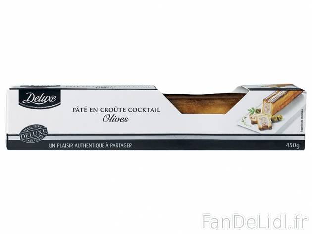 Pâté en croûte cocktail aux olives , prezzo 1.99 € per 450 g, 1 kg = 4,42 € EUR.