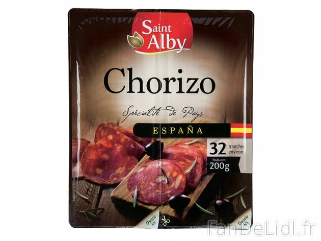 Chorizo en tranches , prezzo 1.99 € per 200 g, 1 kg = 9,95 € EUR. 
- 32 tranches ...