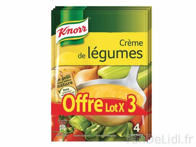 Knorr crème de légumes , prezzo 2.34 € per 3 x 112 g, 1 kg = 6,96 € EUR. 
- ...