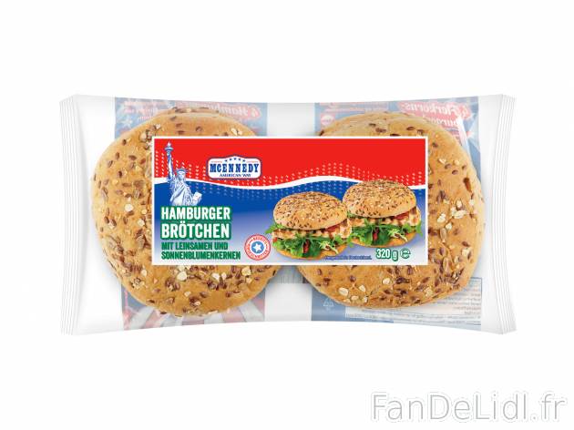 4 pains pour hamburger , le prix 1.29 €  
-  Au choix : multigrain ou briochés