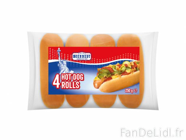4 petits pains pour hot dog , le prix 0.59 €