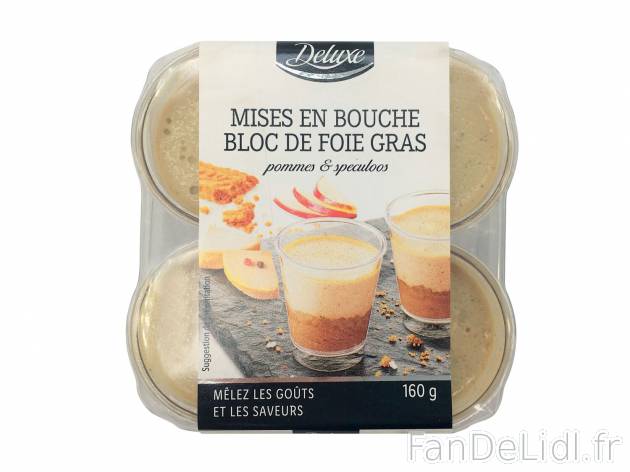 4 mises en bouche bloc de foie gras - pommes et spéculoos , le prix 3.99 € 

Caractéristiques

- ...