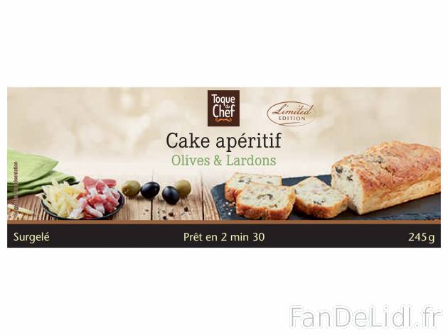 Cake salé , le prix 2.59 € 
- Au choix : olives-lardons ou tomate-mozzarella
Caractéristiques

- ...