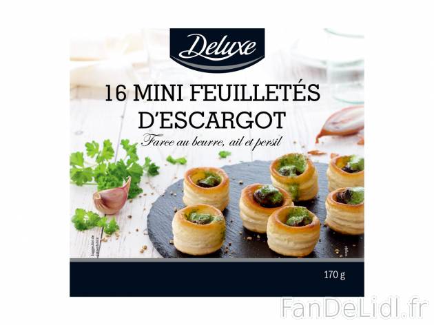 16 mini feuilletés d’escargot , le prix 2.99 € 
- Farce au beurre, ail et ...