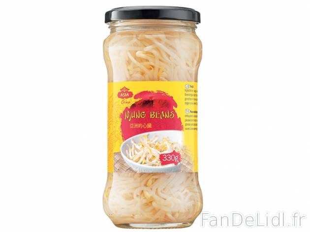 Pousses de soja , prezzo 0.79 € per 180 g (PNE), 1 kg = 4,39 € EUR.