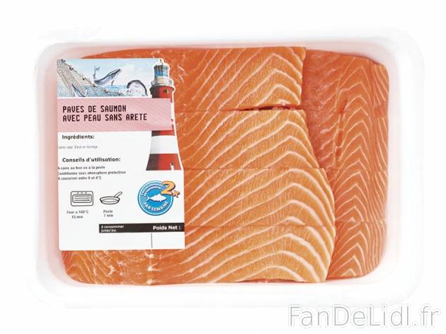 8 pavés de saumon , prezzo 12.99 € per La barquette de 1 kg 
- 8 x 125 g 
- ...