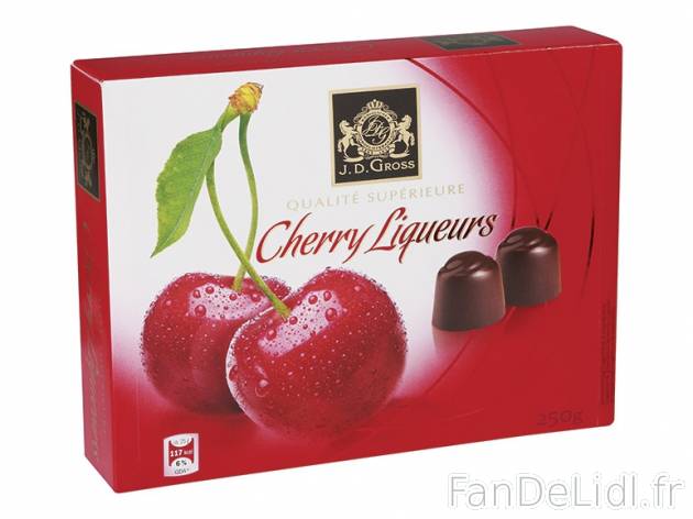 Chocolats à la liqueur de cerise , prezzo 1.75 € per 250 g, 1 kg = 7,00 € EUR. ...