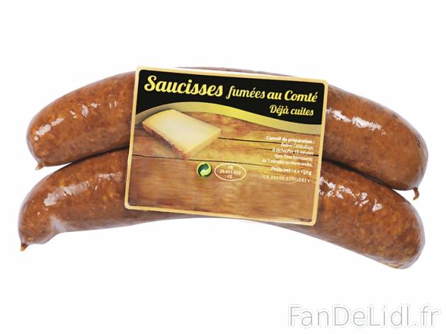 Saucisses fumées au Comté AOP , prezzo 2.09 € per 300 g, 1 kg = 6,97 € EUR. ...