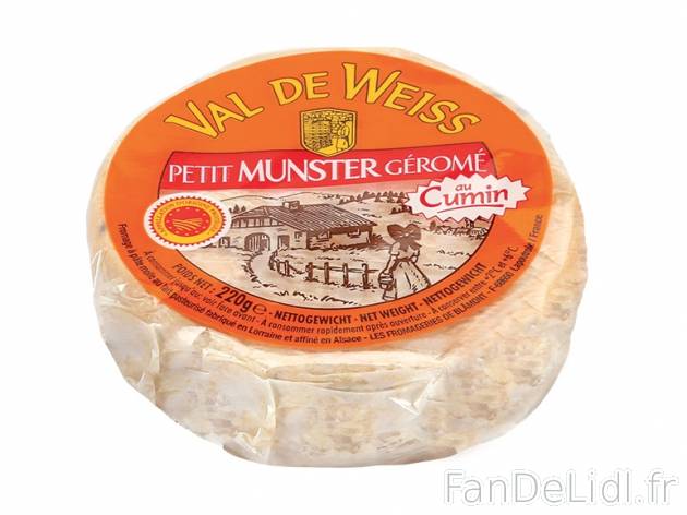 Petit Munster géromé au cumin AOP , prezzo 2.19 € per 220 g, 1 kg = 9,95 € EUR.