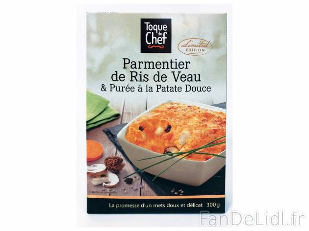 Parmentier de ris de veau et purée à la patate douce , le prix 3.99 € 

Caractéristiques

- ...