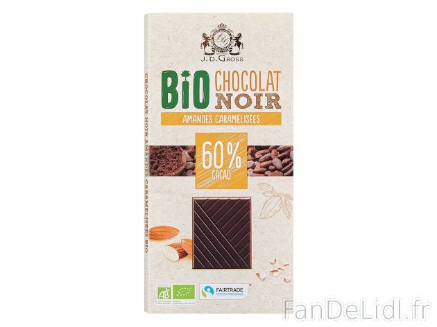 Chocolat noir Bio , le prix 1.15 € 
- Au choix : saveur orange ou amandes
Caractéristiques

- ...