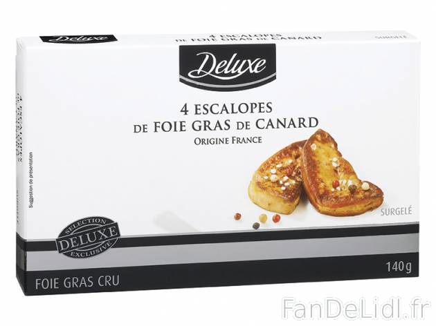 4 escalopes de foie gras de canard , prezzo 5.69 € per 140 g, 1 kg = 40,64 € EUR.